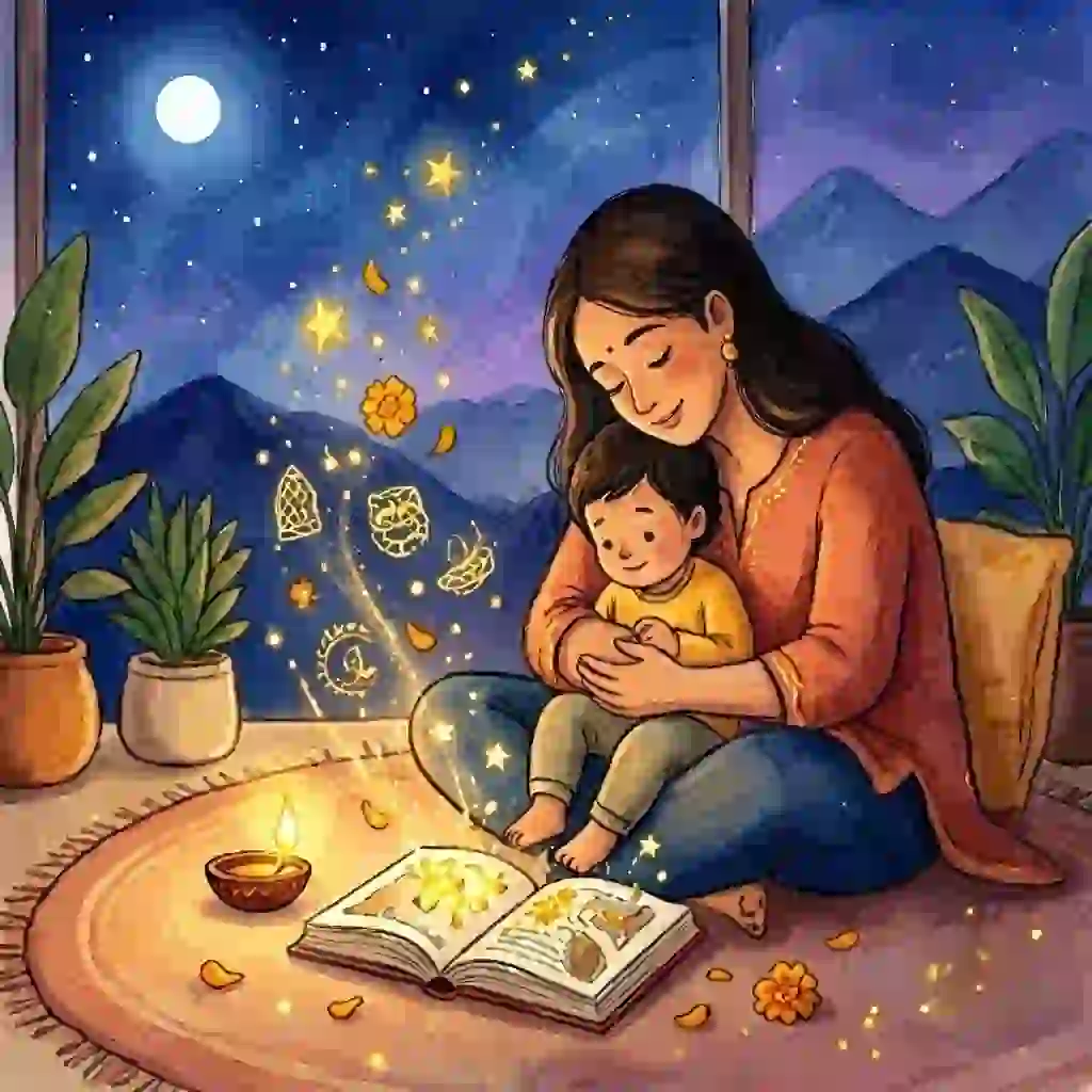 Mother holding her baby, reading a glowing storybook together under a starry night sky