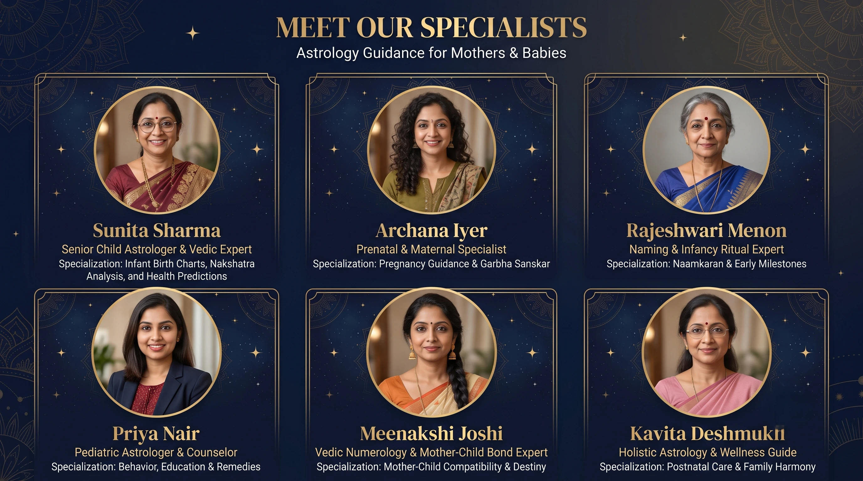 Meet our specialists — Sunita Sharma, Archana Iyer, Rajeshwari Menon, Priya Nair, Meenakshi Joshi and Kavita Deshmukh, Sanskar guides for mothers and babies